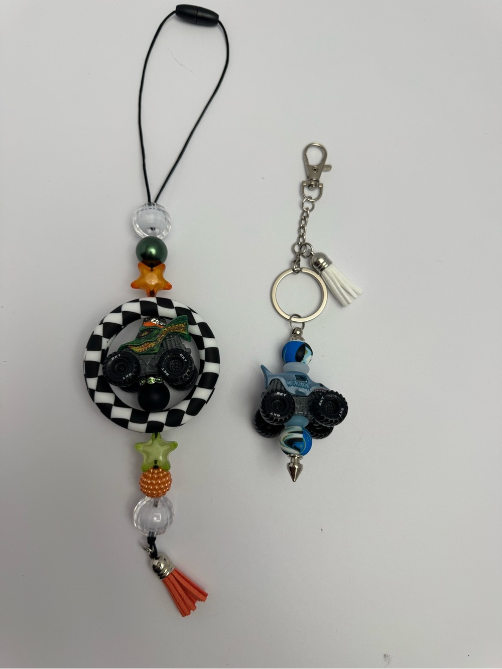 Handmade Black & White Checkerboard Monster Truck Rearview Mirror & Keychain